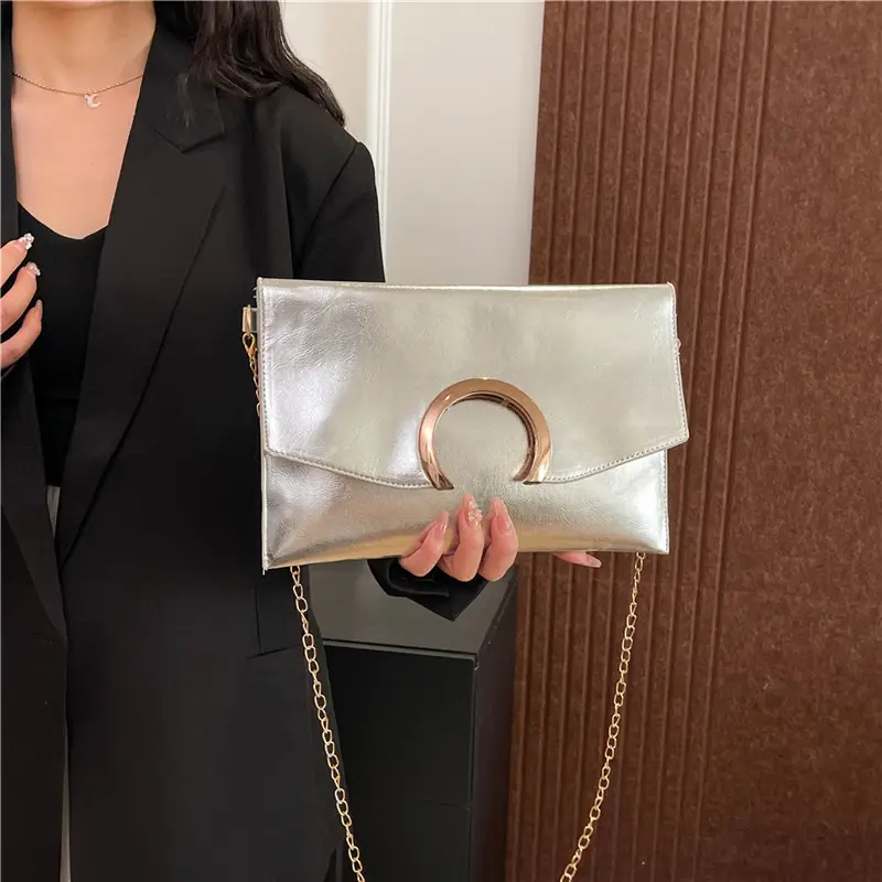 Silver Metallic Crossbody Bag with Gold Chain for Women - Image 5