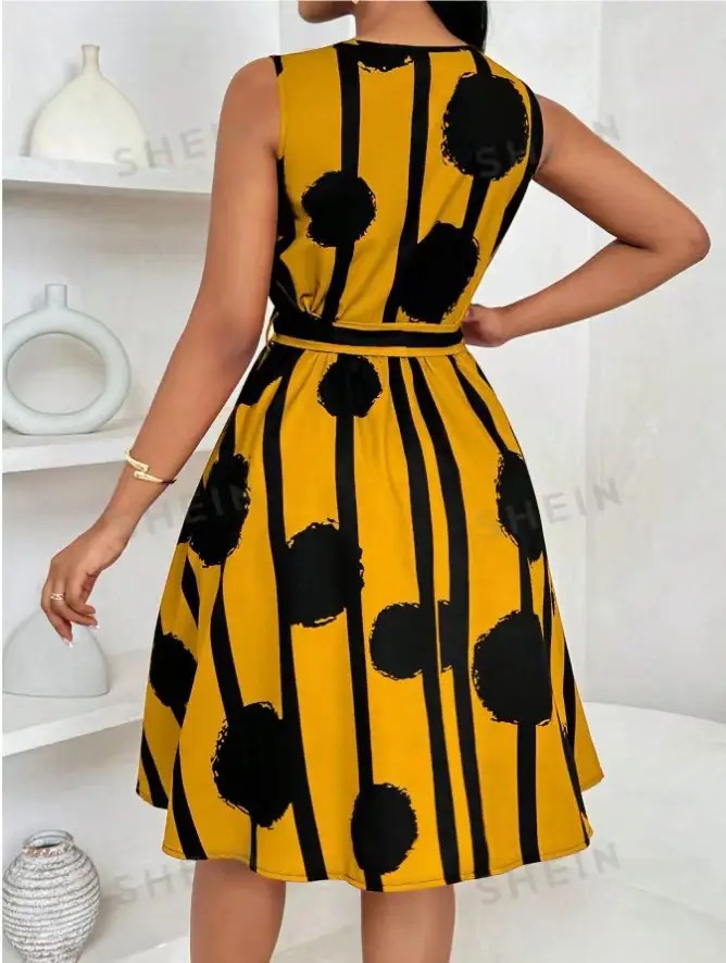 Women's Yellow Black Striped Sleeveless Dress Belt Vest - Image 3