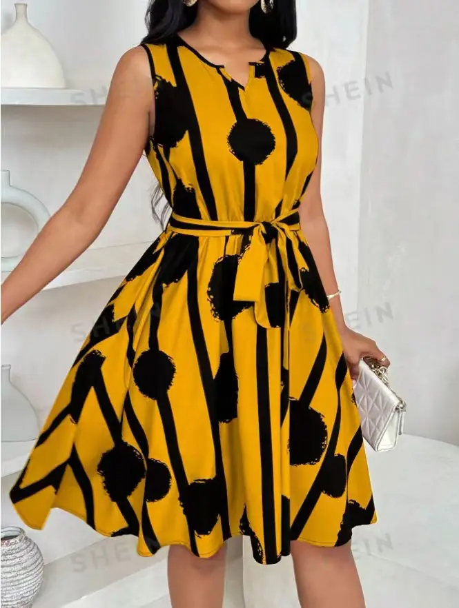 Women's Yellow Black Striped Sleeveless Dress Belt Vest - Image 4