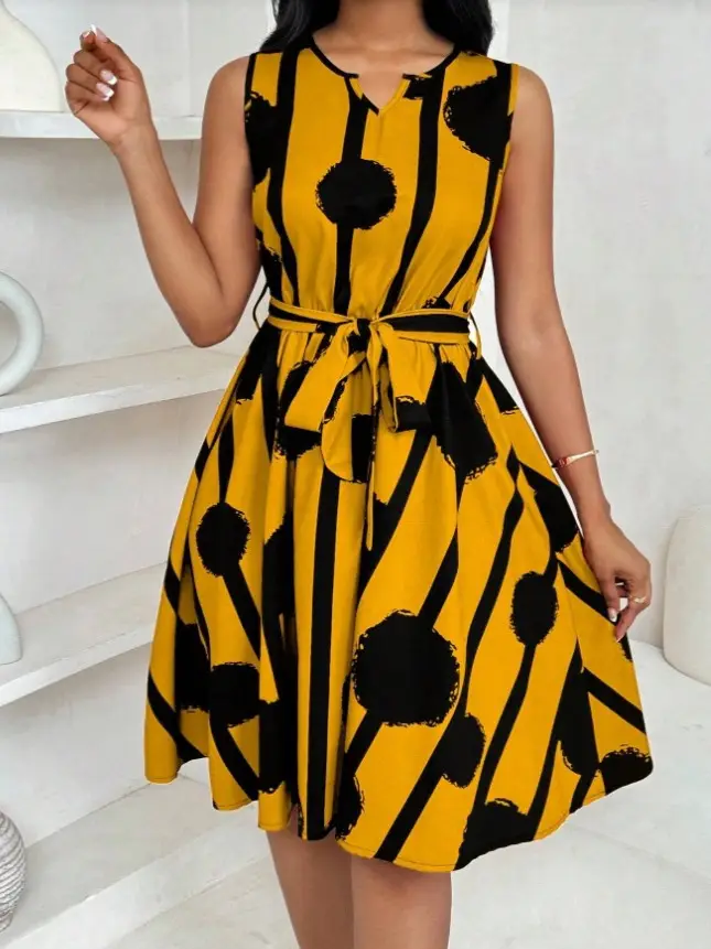 Women's Yellow Black Striped Sleeveless Dress Belt Vest - Image 5