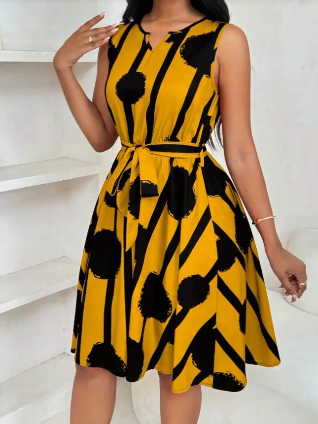 Women's Yellow Black Striped Sleeveless Dress Belt Vest - Image 6