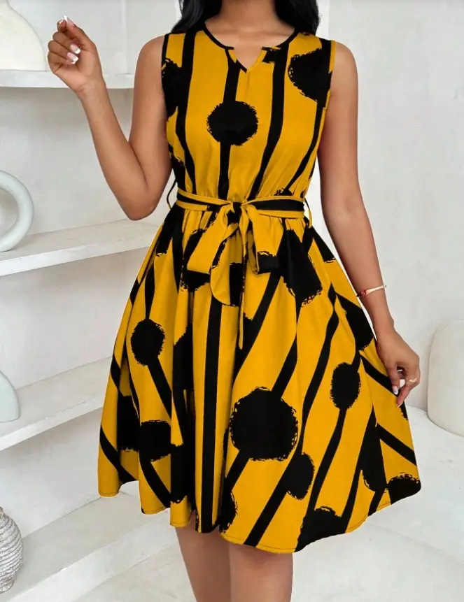 Women's Yellow Black Striped Sleeveless Dress Belt Vest — feature 8
