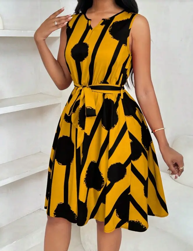 Women's Yellow Black Striped Sleeveless Dress Belt Vest — feature 9