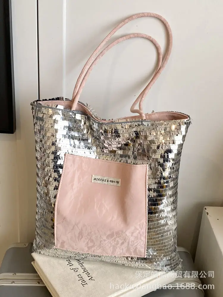 2025 Korean Style Sequins Tote Bag Pink Underarm Design