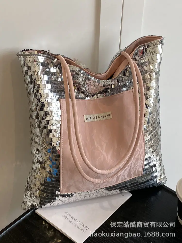 2025 Korean Style Sequins Tote Bag Pink Underarm Design - Image 2