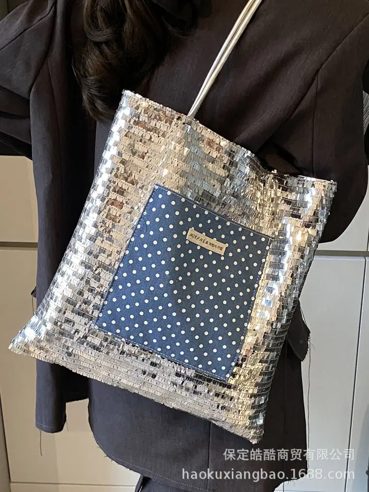 2025 Korean Style Sequins Tote Bag Pink Underarm Design - Image 3