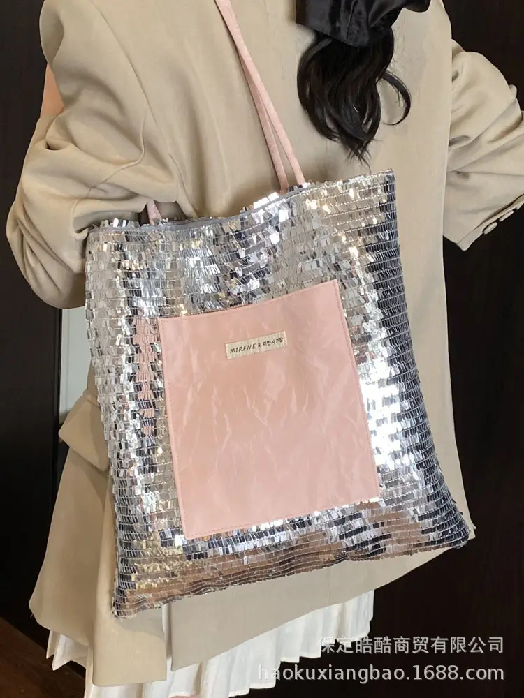 2025 Korean Style Sequins Tote Bag Pink Underarm Design - Image 5