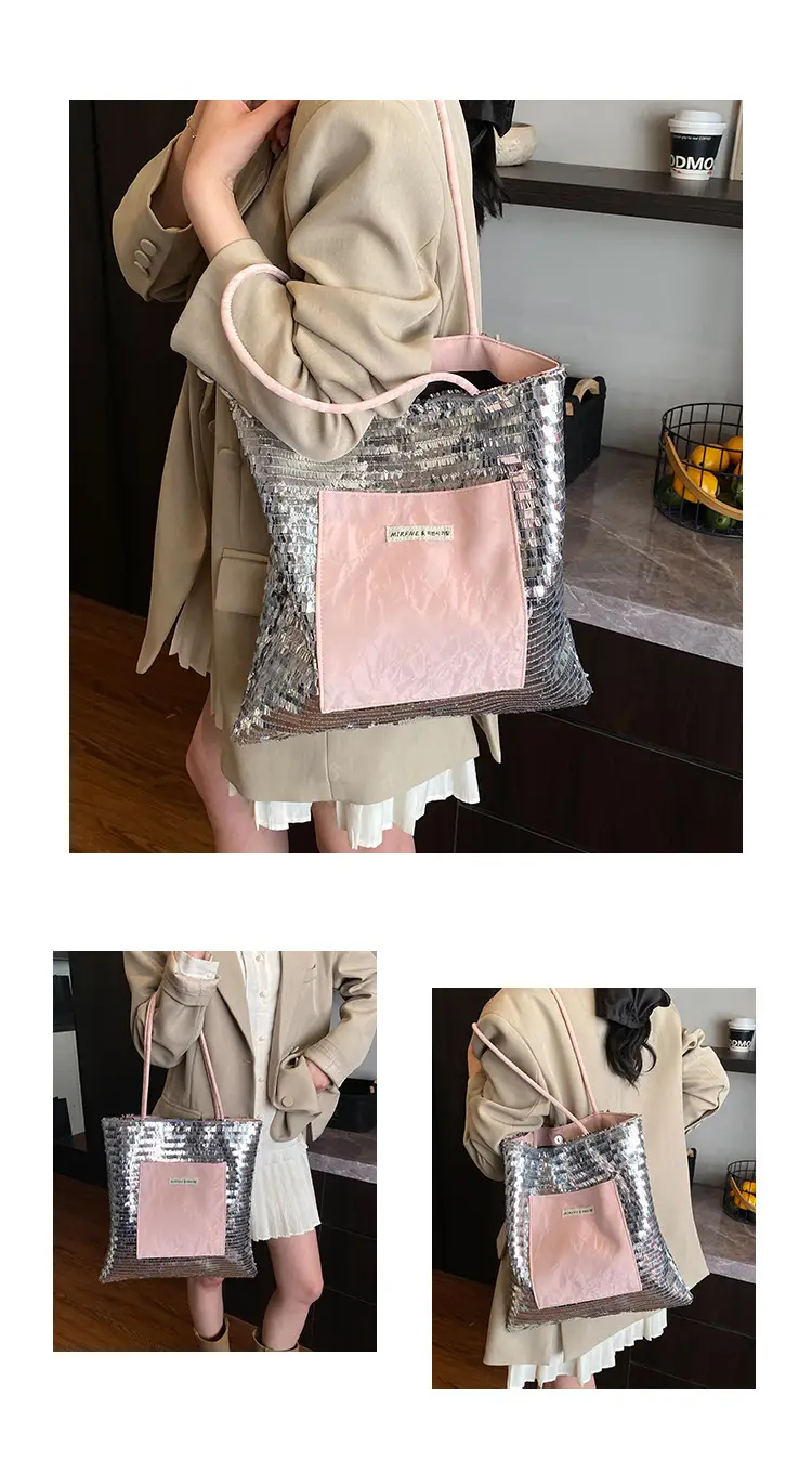 2025 Korean Style Sequins Tote Bag Pink Underarm Design — feature 9