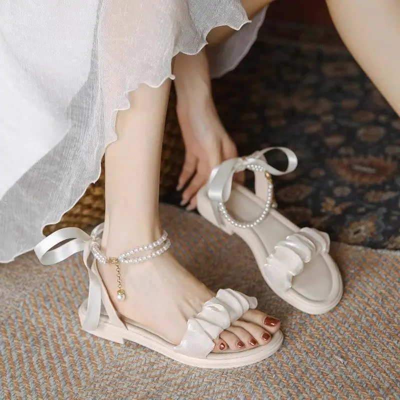 Mid-heel Roman Sandals Women's 2025 Summer New Arrival Bow Fairy Style Dress Pearl All-match Thick-heel Single-layer Shoes