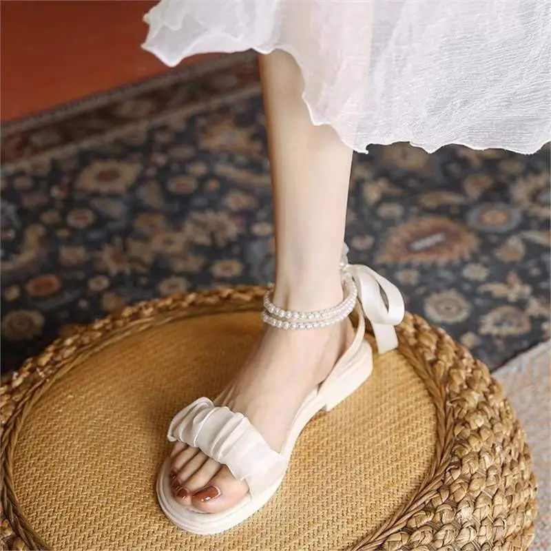 Mid-heel Roman Sandals Women's 2025 Summer New Arrival Bow Fairy Style Dress Pearl All-match Thick-heel Single-layer Shoes