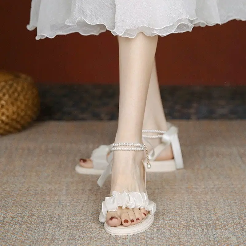 Mid-heel Roman Sandals Women's 2025 Summer New Arrival Bow Fairy Style Dress Pearl All-match Thick-heel Single-layer Shoes