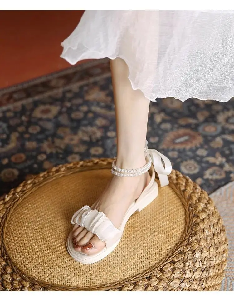 Mid-heel Roman Sandals Women's 2025 Summer New Arrival Bow Fairy Style Dress Pearl All-match Thick-heel Single-layer Shoes — feature 10