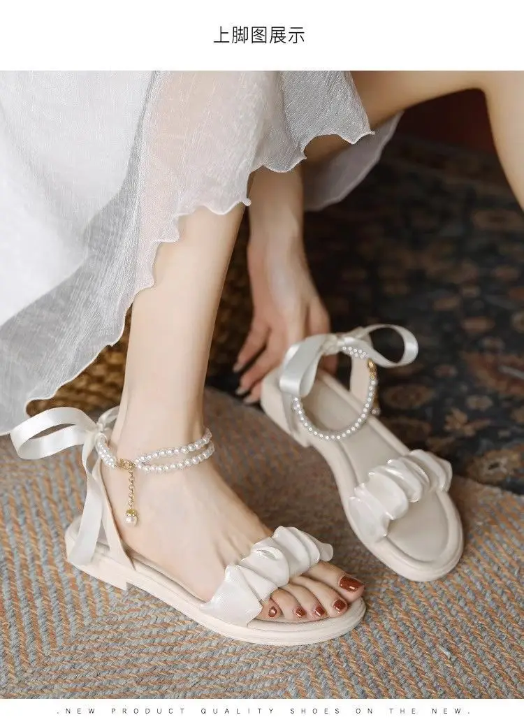 Mid-heel Roman Sandals Women's 2025 Summer New Arrival Bow Fairy Style Dress Pearl All-match Thick-heel Single-layer Shoes — feature 2