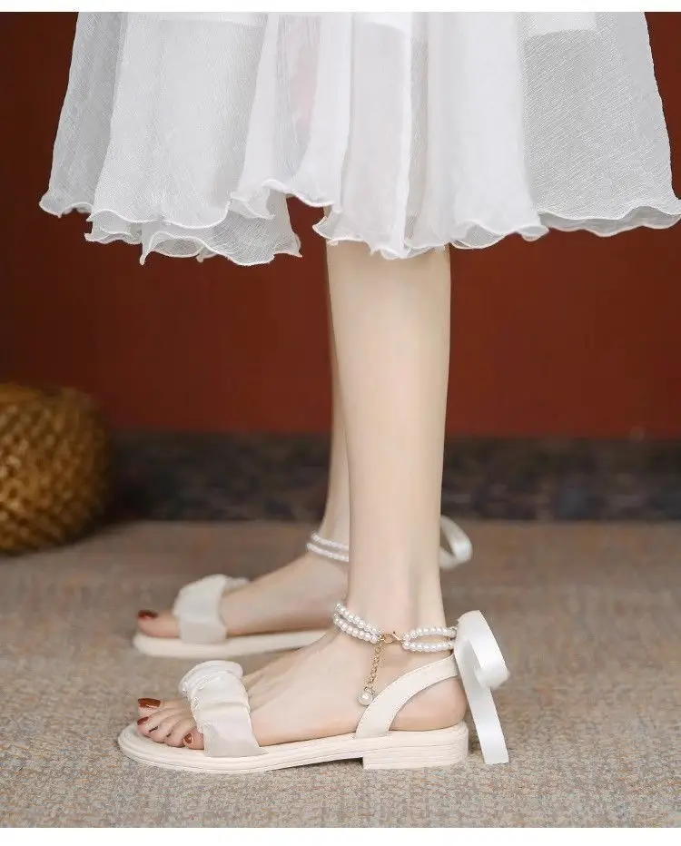 Mid-heel Roman Sandals Women's 2025 Summer New Arrival Bow Fairy Style Dress Pearl All-match Thick-heel Single-layer Shoes — feature 4