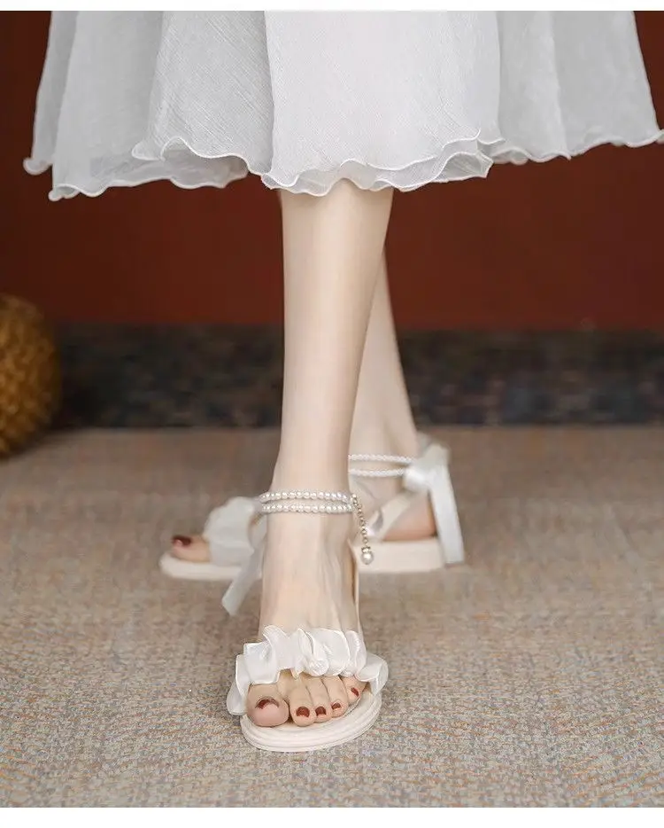 Mid-heel Roman Sandals Women's 2025 Summer New Arrival Bow Fairy Style Dress Pearl All-match Thick-heel Single-layer Shoes — feature 5