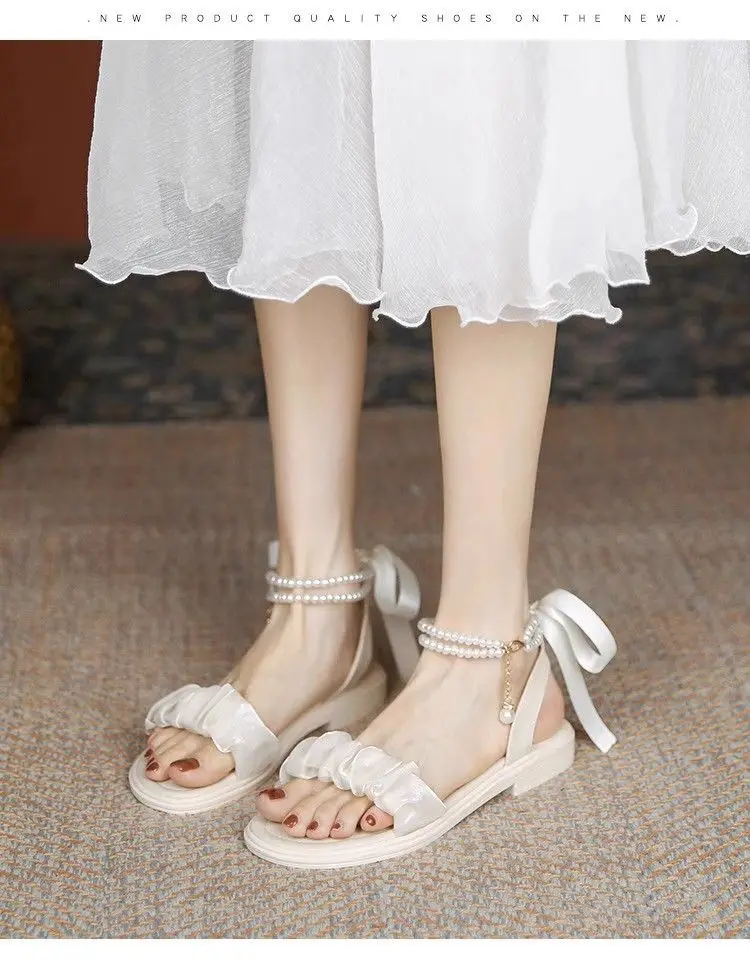 Mid-heel Roman Sandals Women's 2025 Summer New Arrival Bow Fairy Style Dress Pearl All-match Thick-heel Single-layer Shoes — feature 6