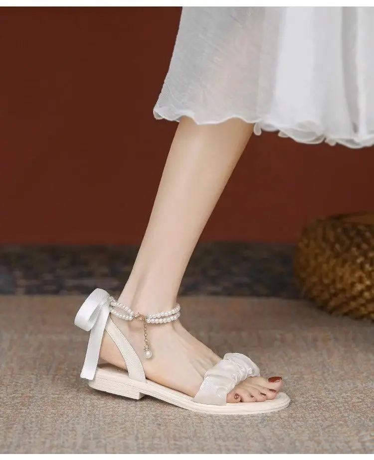 Mid-heel Roman Sandals Women's 2025 Summer New Arrival Bow Fairy Style Dress Pearl All-match Thick-heel Single-layer Shoes — feature 7