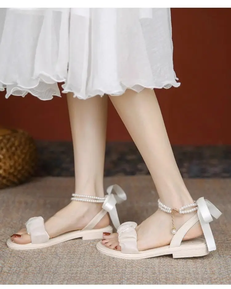Mid-heel Roman Sandals Women's 2025 Summer New Arrival Bow Fairy Style Dress Pearl All-match Thick-heel Single-layer Shoes — feature 8