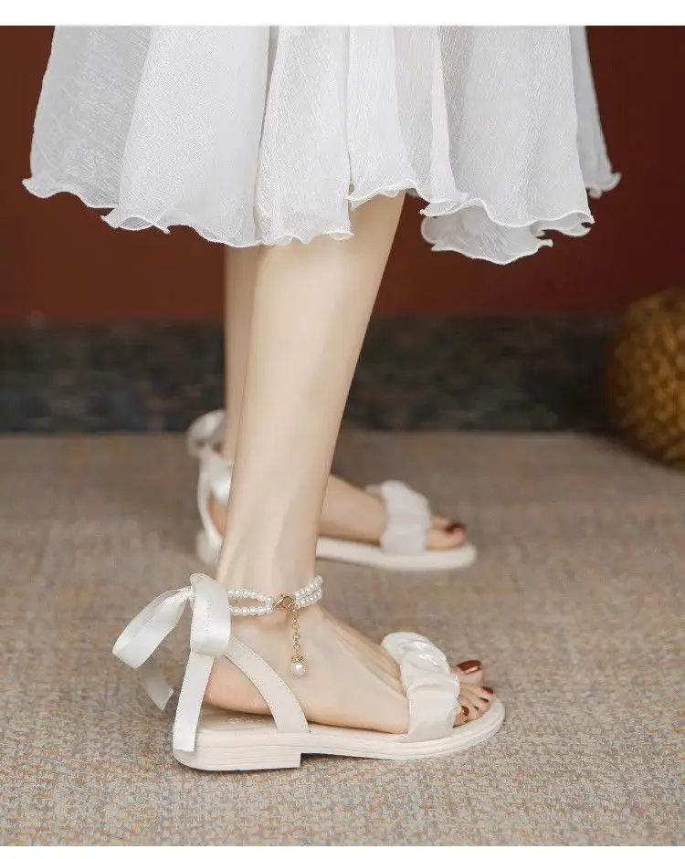 Mid-heel Roman Sandals Women's 2025 Summer New Arrival Bow Fairy Style Dress Pearl All-match Thick-heel Single-layer Shoes — feature 9