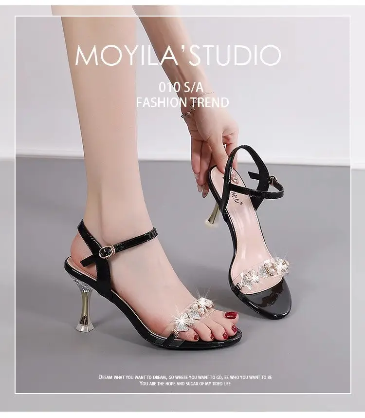 2025 Summer Internet Popular New Soft Leather Fashion French High Heels Stiletto Heel Buckle Strap Rhinestone Open Toe Sandals for Women — feature 1