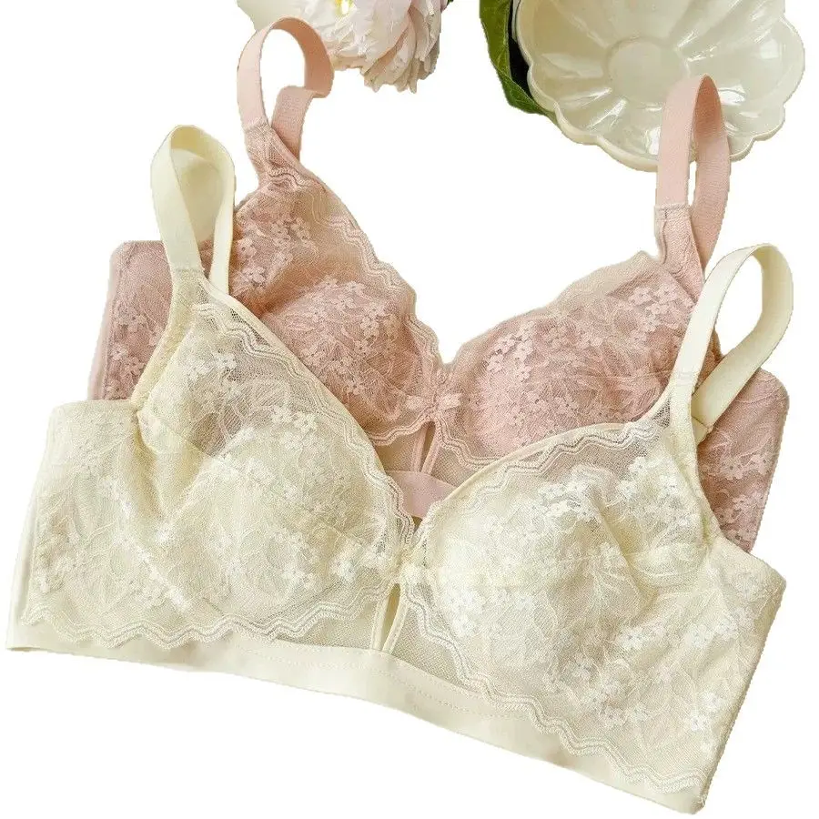 French Style Lace Crystal Cup Big Chest Small Underwear Women's Summer Thin Slim-free Rings Rabbit Ear Cup Bra