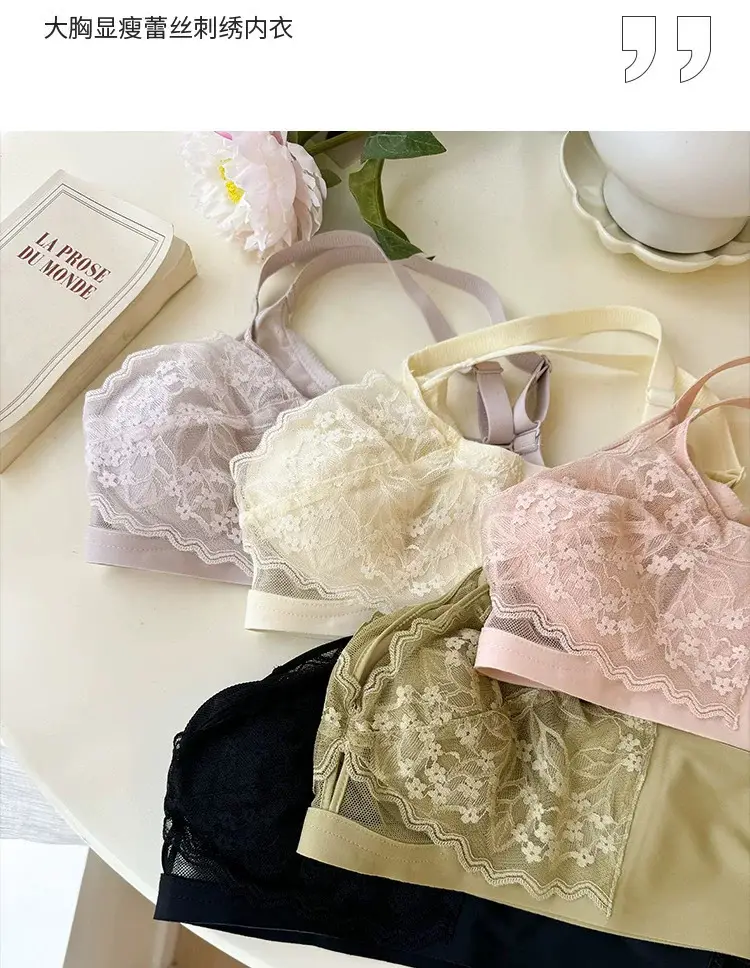 French Style Lace Crystal Cup Big Chest Small Underwear Women's Summer Thin Slim-free Rings Rabbit Ear Cup Bra — feature 19