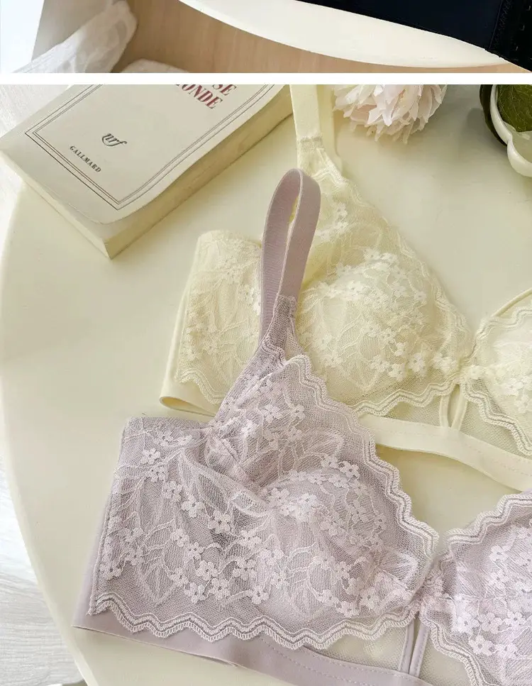 French Style Lace Crystal Cup Big Chest Small Underwear Women's Summer Thin Slim-free Rings Rabbit Ear Cup Bra — feature 20