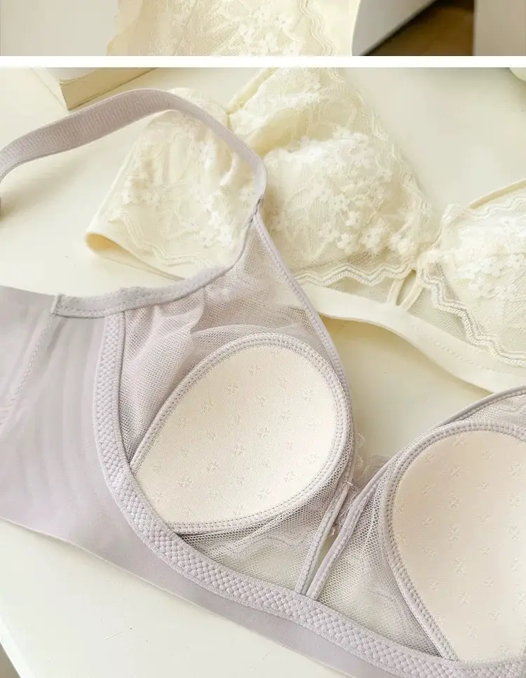 French Style Lace Crystal Cup Big Chest Small Underwear Women's Summer Thin Slim-free Rings Rabbit Ear Cup Bra — feature 22