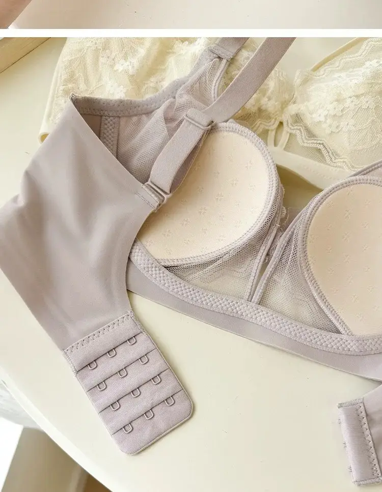 French Style Lace Crystal Cup Big Chest Small Underwear Women's Summer Thin Slim-free Rings Rabbit Ear Cup Bra — feature 24