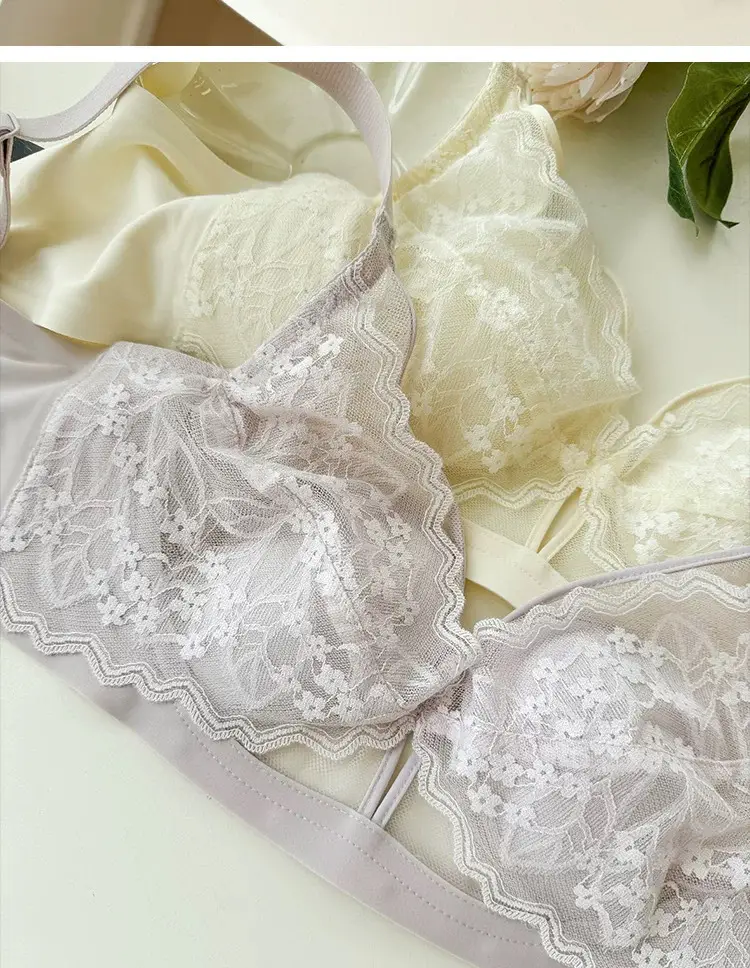 French Style Lace Crystal Cup Big Chest Small Underwear Women's Summer Thin Slim-free Rings Rabbit Ear Cup Bra — feature 25