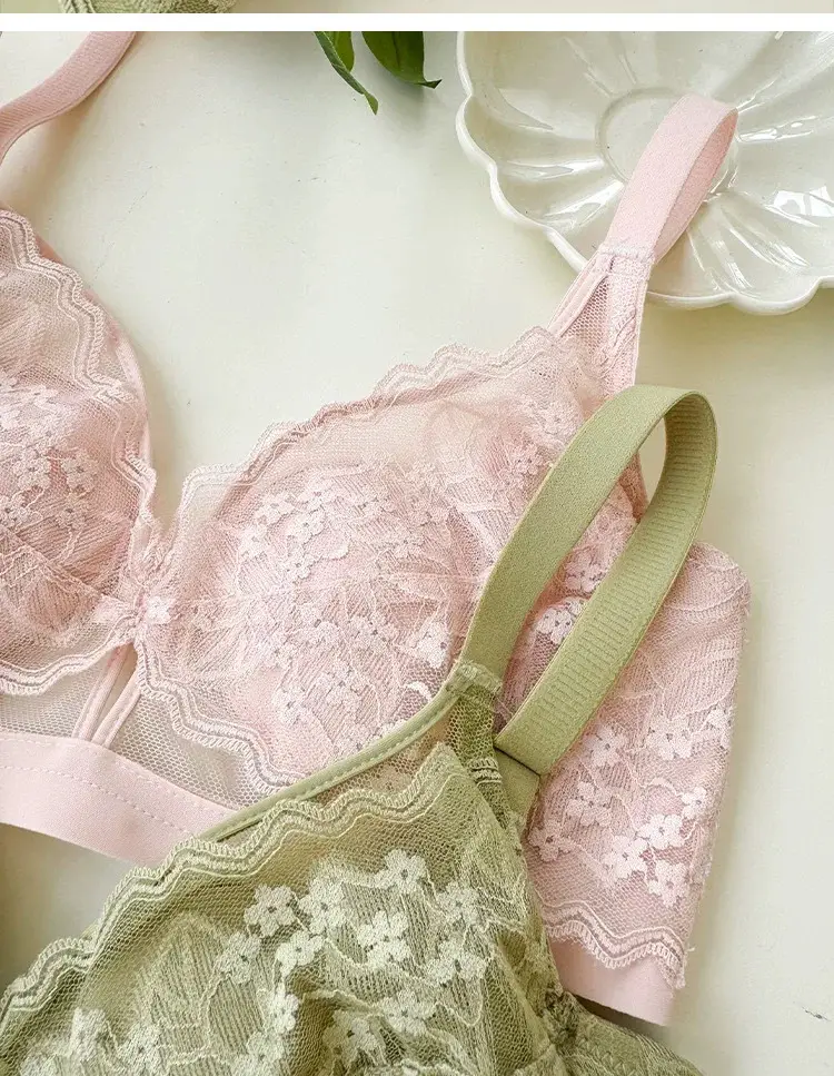 French Style Lace Crystal Cup Big Chest Small Underwear Women's Summer Thin Slim-free Rings Rabbit Ear Cup Bra — feature 28