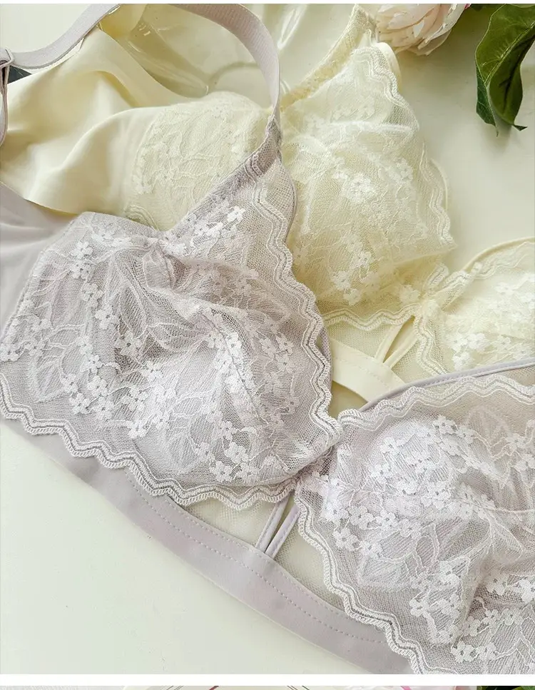 French Style Lace Crystal Cup Big Chest Small Underwear Women's Summer Thin Slim-free Rings Rabbit Ear Cup Bra — feature 30