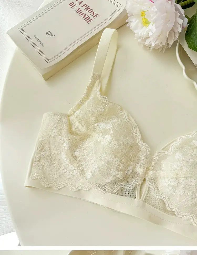 French Style Lace Crystal Cup Big Chest Small Underwear Women's Summer Thin Slim-free Rings Rabbit Ear Cup Bra — feature 31