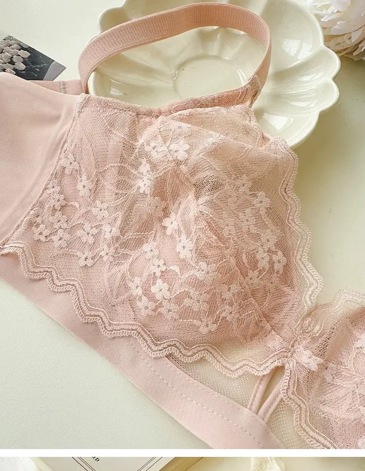 French Style Lace Crystal Cup Big Chest Small Underwear Women's Summer Thin Slim-free Rings Rabbit Ear Cup Bra — feature 32