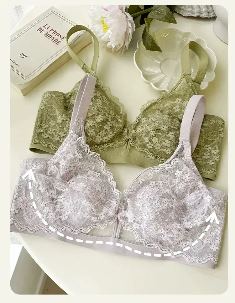 French Style Lace Crystal Cup Big Chest Small Underwear Women's Summer Thin Slim-free Rings Rabbit Ear Cup Bra — feature 8