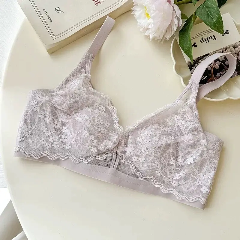 French Style Lace Crystal Cup Big Chest Small Underwear Women's Summer Thin Slim-free Rings Rabbit Ear Cup Bra
