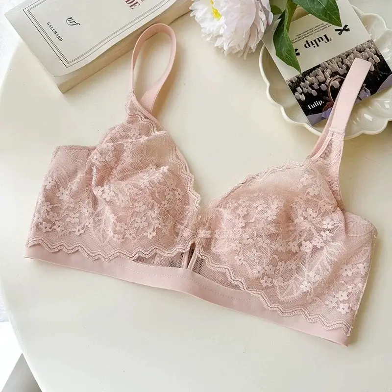 French Style Lace Crystal Cup Big Chest Small Underwear Women's Summer Thin Slim-free Rings Rabbit Ear Cup Bra