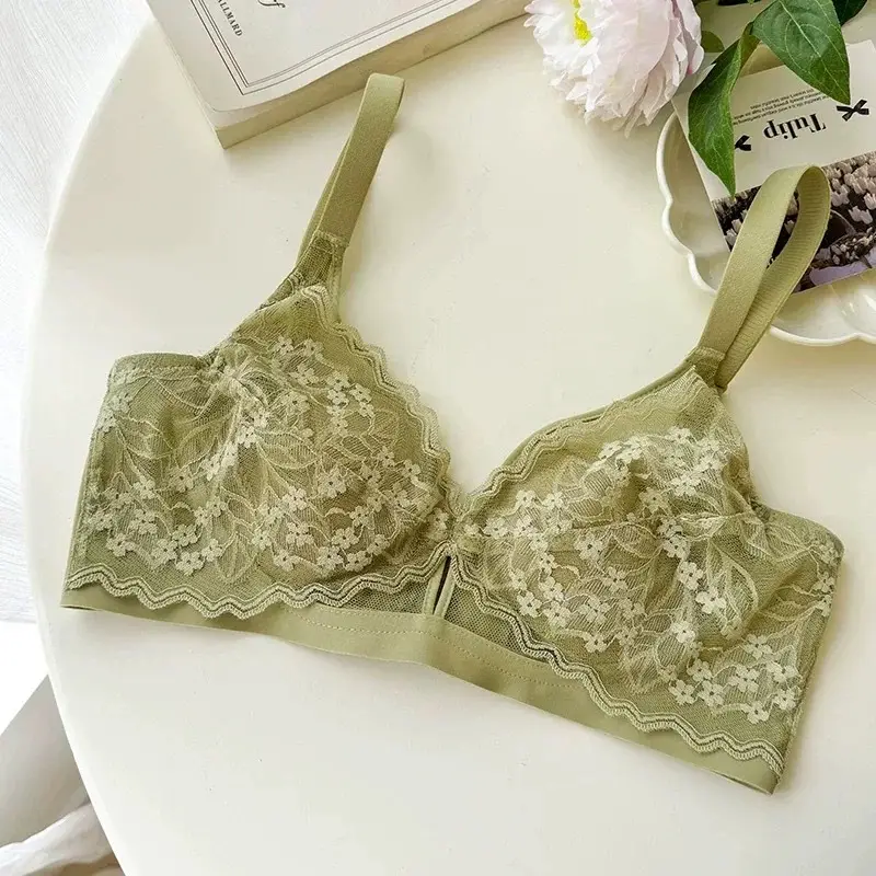 French Style Lace Crystal Cup Big Chest Small Underwear Women's Summer Thin Slim-free Rings Rabbit Ear Cup Bra
