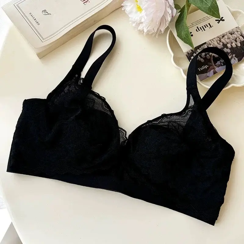 French Style Lace Crystal Cup Big Chest Small Underwear Women's Summer Thin Slim-free Rings Rabbit Ear Cup Bra