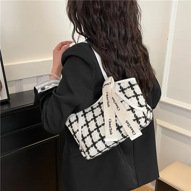 New Women's Black Checkered Shoulder Bag Small Tote