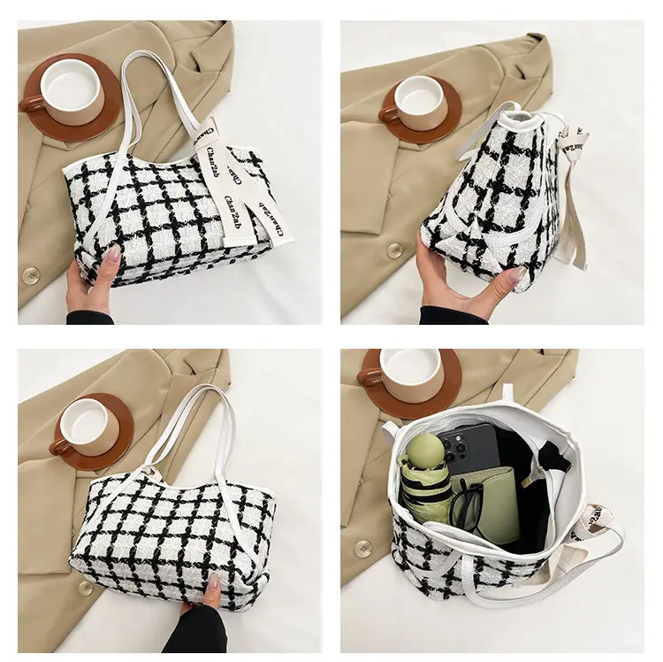 New Women's Black Checkered Shoulder Bag Small Tote — feature 10