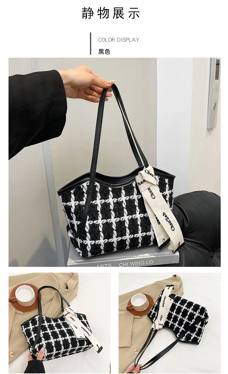 New Women's Black Checkered Shoulder Bag Small Tote — feature 11