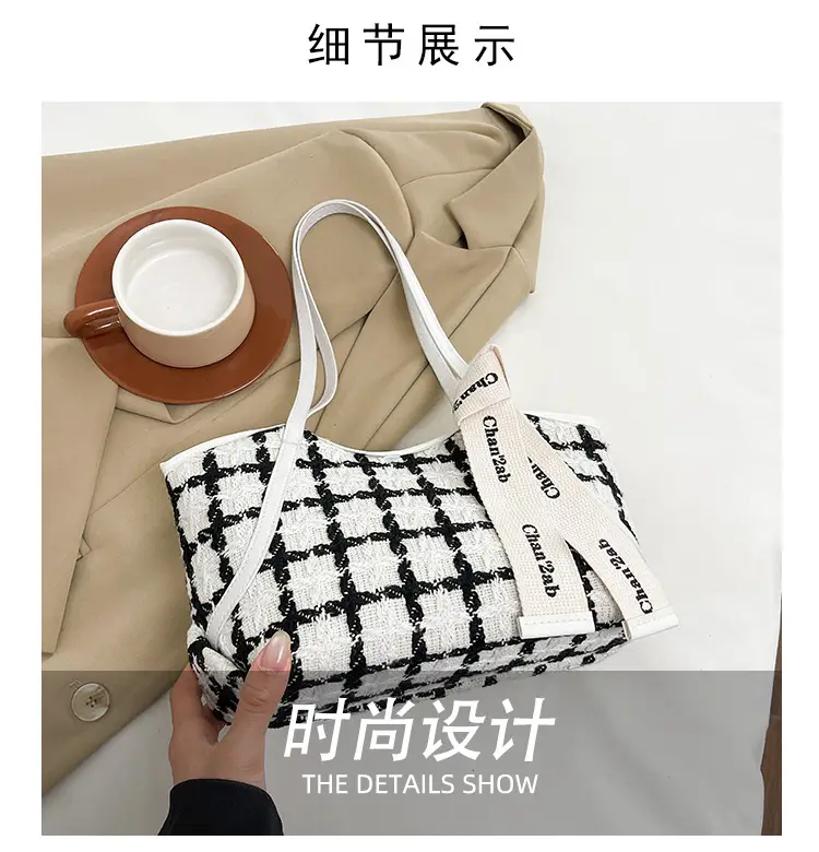 New Women's Black Checkered Shoulder Bag Small Tote — feature 4