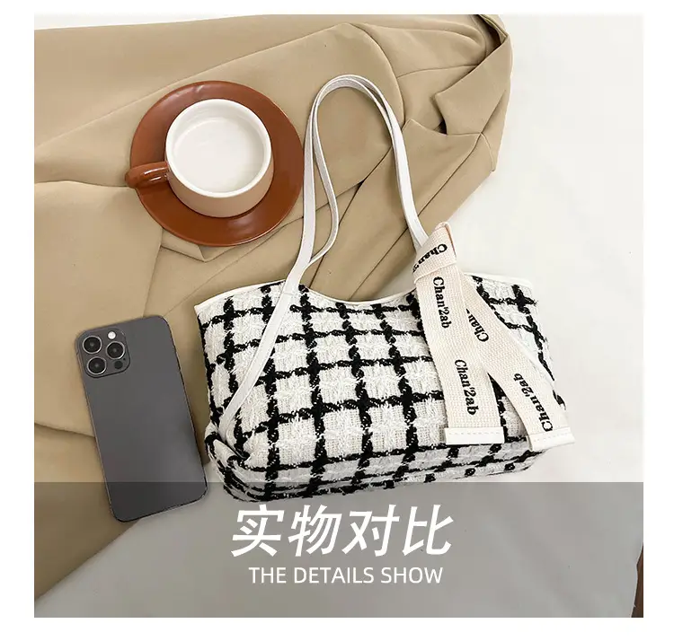 New Women's Black Checkered Shoulder Bag Small Tote — feature 9