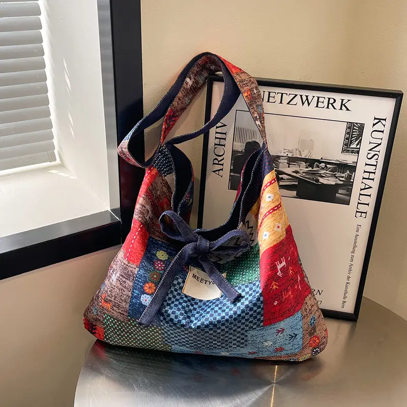 2025 Ethnic Patchwork Shoulder Bag with Blue Net Trim - Image 2