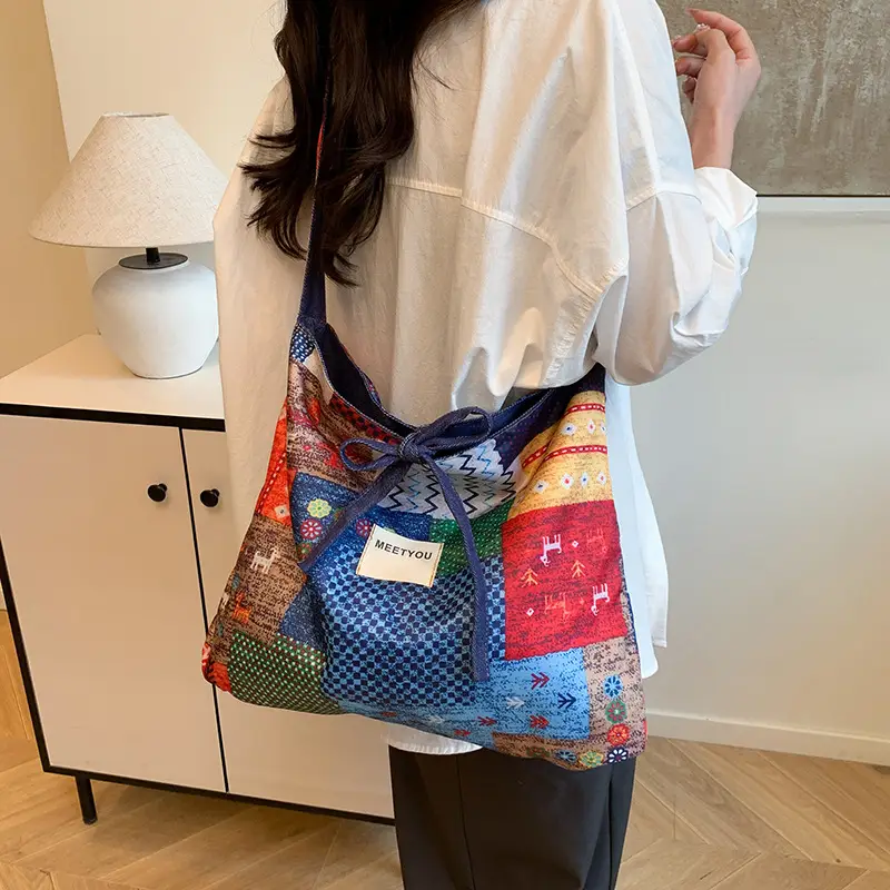 2025 Ethnic Patchwork Shoulder Bag with Blue Net Trim - Image 3