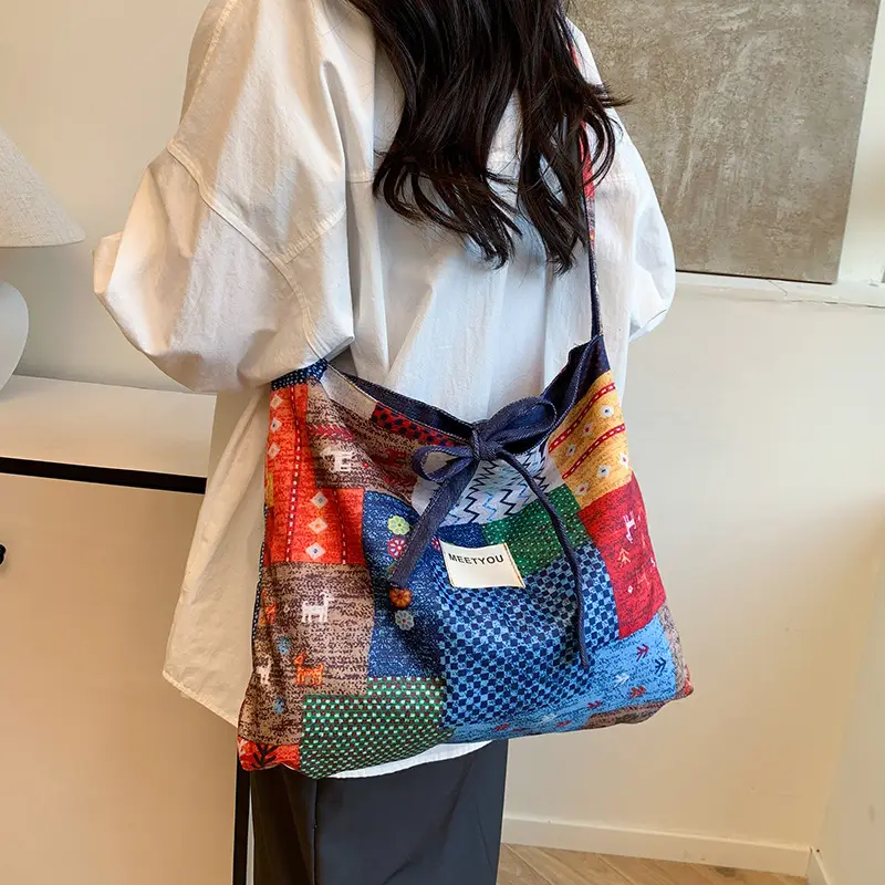 2025 Ethnic Patchwork Shoulder Bag with Blue Net Trim - Image 5
