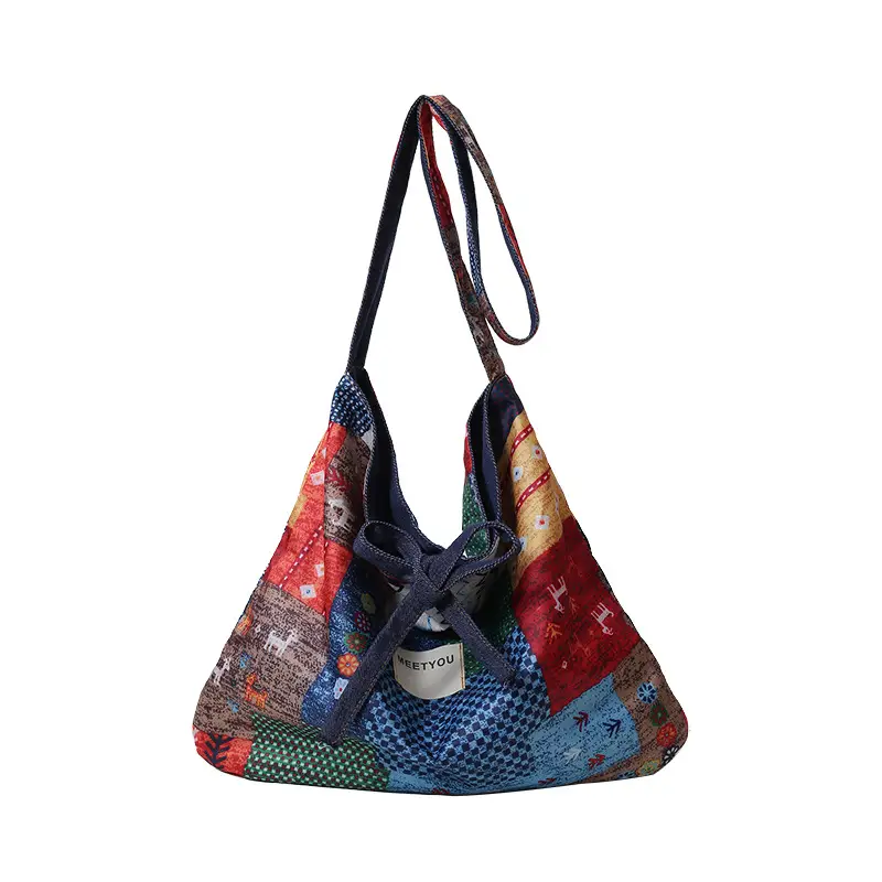 2025 Ethnic Patchwork Shoulder Bag with Blue Net Trim - Image 6
