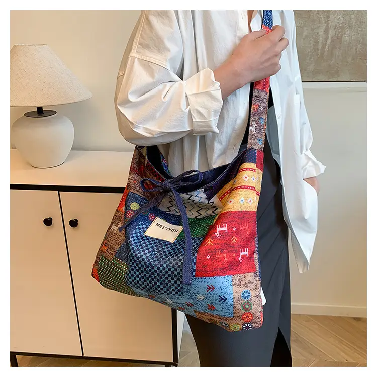 2025 Ethnic Patchwork Shoulder Bag with Blue Net Trim — feature 11