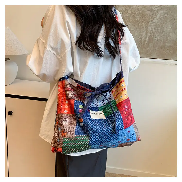 2025 Ethnic Patchwork Shoulder Bag with Blue Net Trim — feature 14